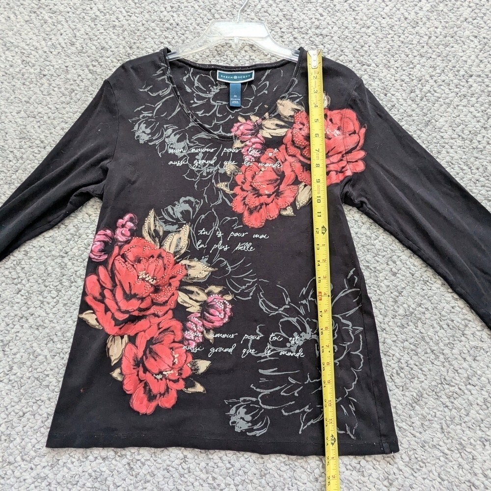 Karen Scott (Medium) Long Sleeve Tee/Top w/Floral Designs, Scripts & Sparkles - Picture 7 of 11